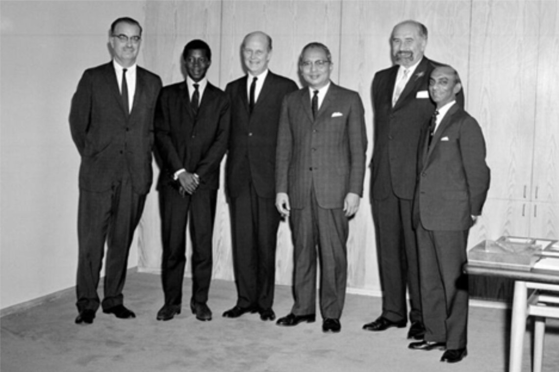 UN Malaysian Mission photographed after reporting its findings in North Borneo to then-Secretary General U Thant (third from the right).